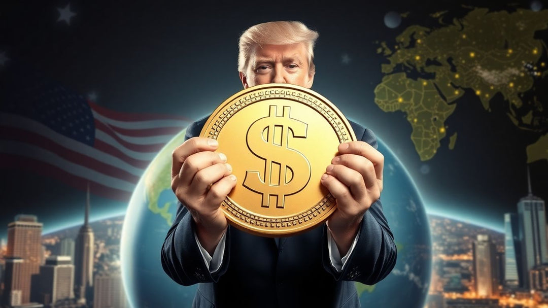 Trump holding giant dollar coin before dramatic world backdrop