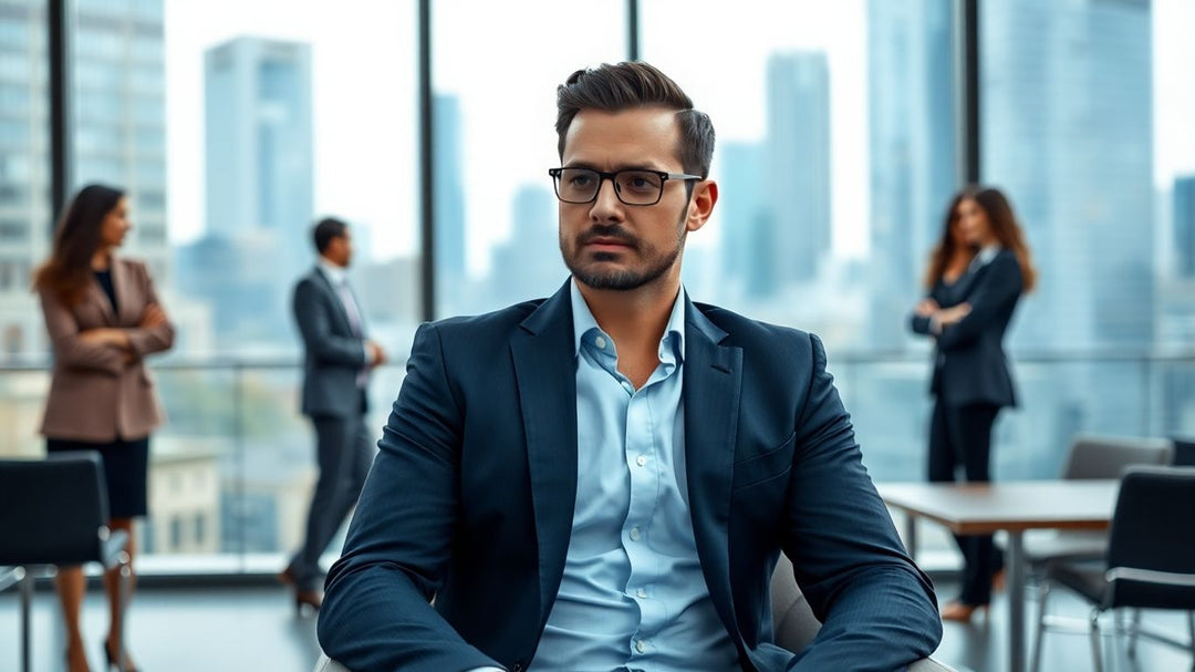 Consultant in modern office with city views and colleagues