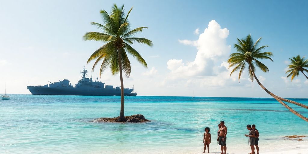 Island coastline, military ship, local people.