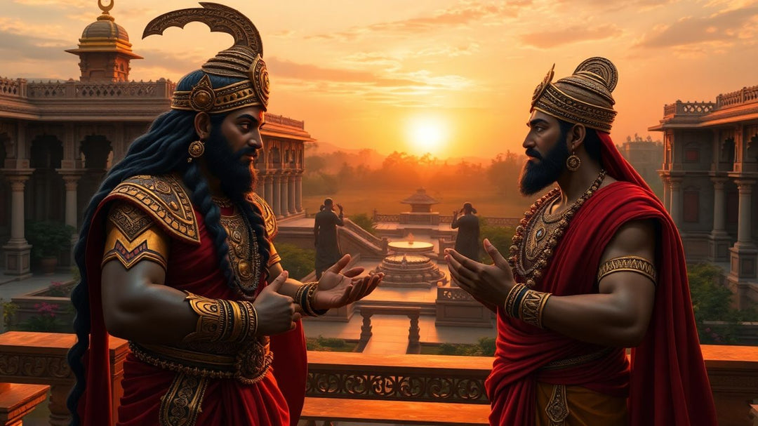 रावण और लक्ष्मण प्राचीन महल में सूर्यास्त के समय बात करते हैं