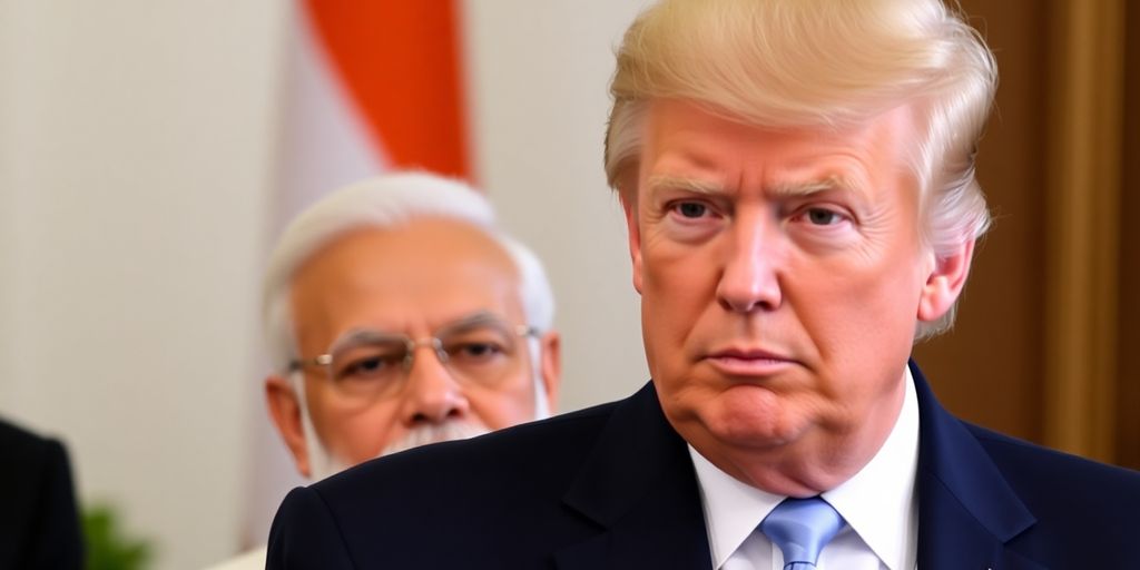 Donald Trump with Indian PM Narendra Modi in background.