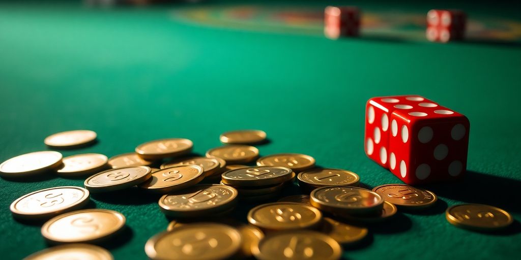 Coins and dice on a poker table