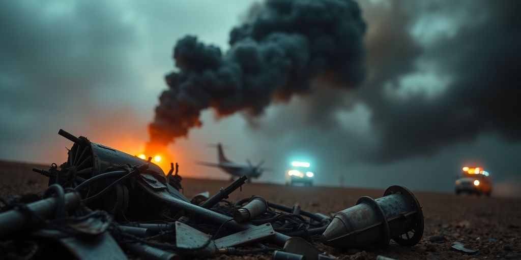 Aircraft debris scattered, dark smoke