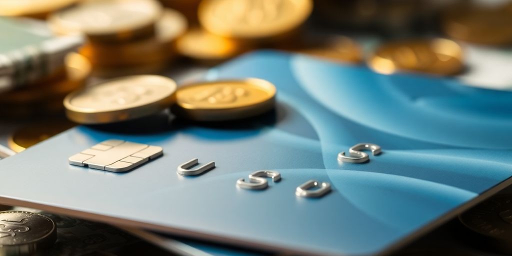A hand holding a credit card with flying coins.