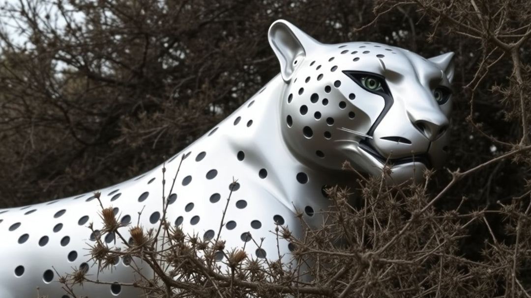 Cheetah sculpture entangled in thorny branches.