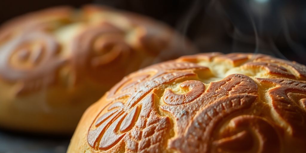 Golden Uzbek bread with intricate patterns, freshly baked.