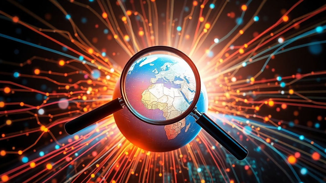 Magnifying glass over a digital globe.