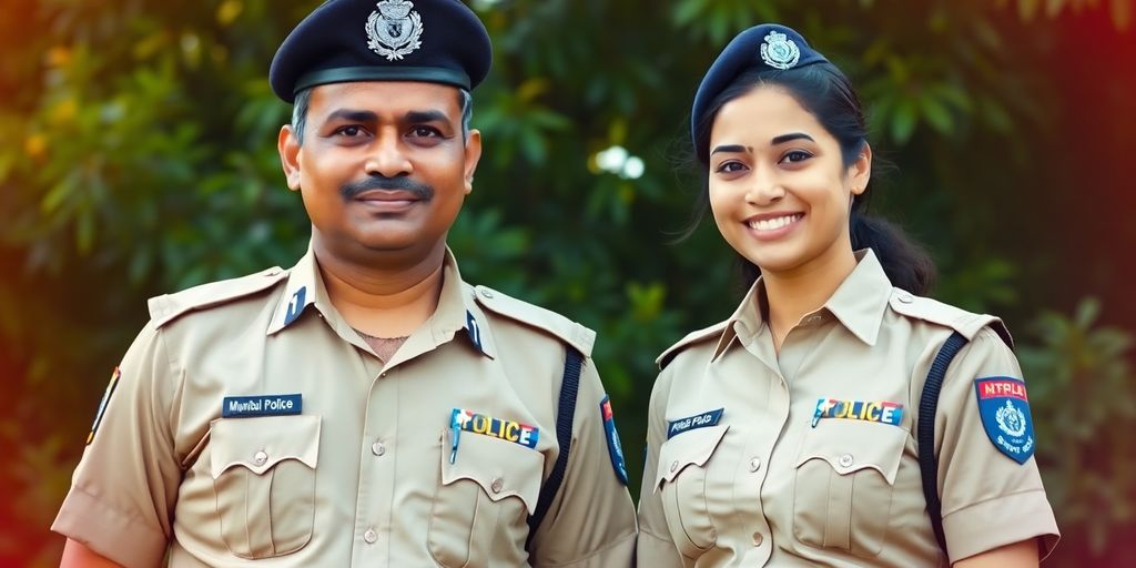 Indian police officers, vibrant aura, green outdoors.