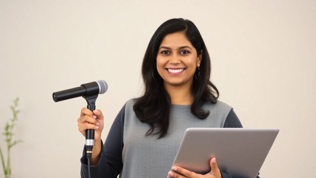 Woman holding microphone and laptop, transitioning careers.