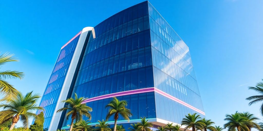 Modern building exterior, futuristic design, vibrant light.