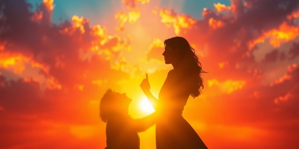 Couple embracing against a vibrant, sunset-hued backdrop.