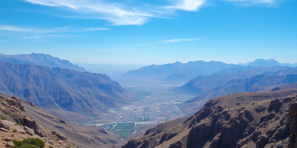 Snow-capped Andean mountains overlooking a distant, rugged cityscape.