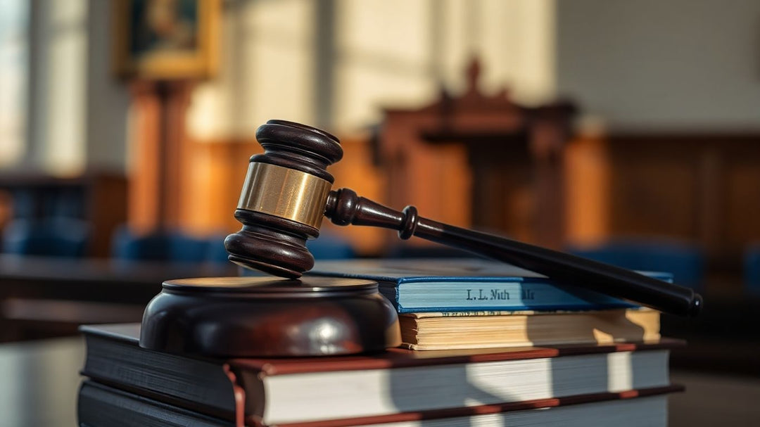 Gavel on books in a courtroom setting.