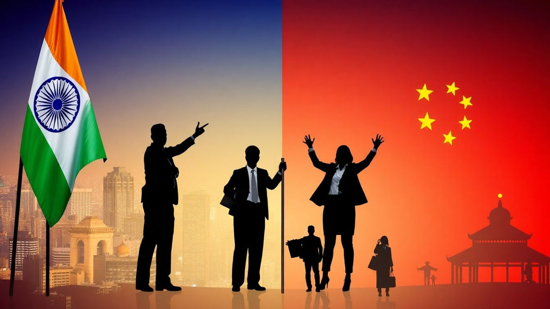 India and China flags with cityscapes and business people.