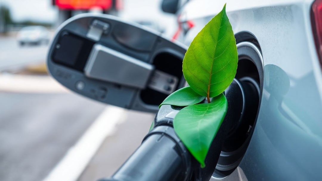 Car fuel cap with a green leaf emerging from nozzle.
