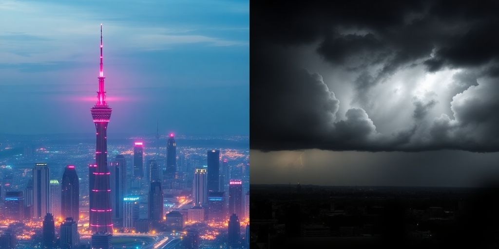 Futuristic city split with storm cloud.