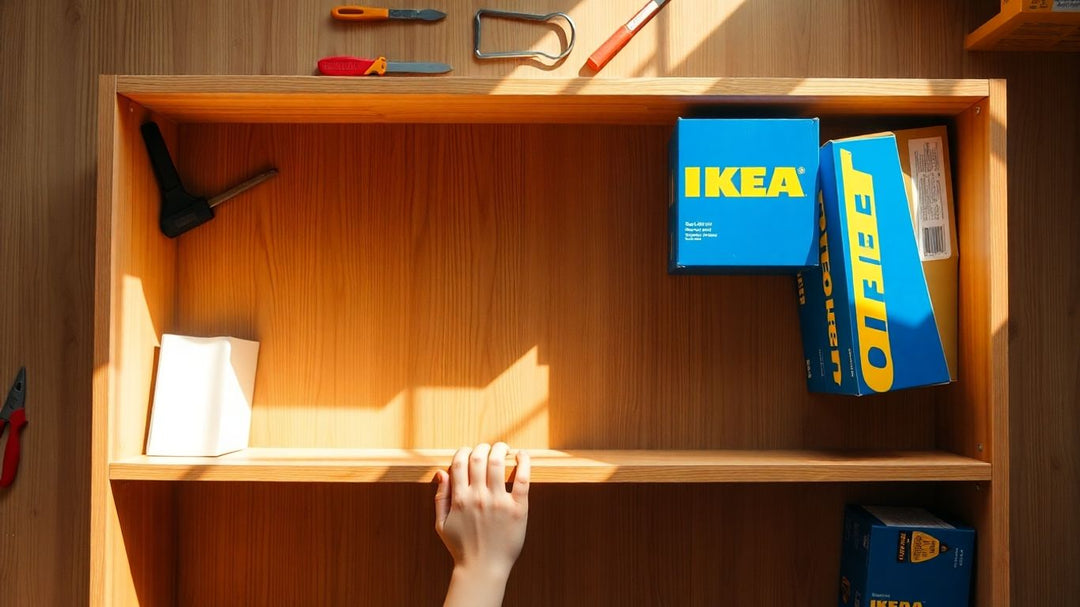 IKEA bookshelf assembly with tools and packaging.