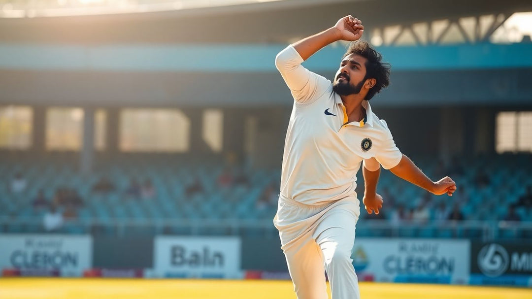 Ishant Sharma bowling on a cricket pitch.
