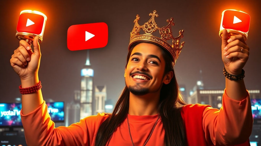 YouTuber holding a glowing play button like a crown.