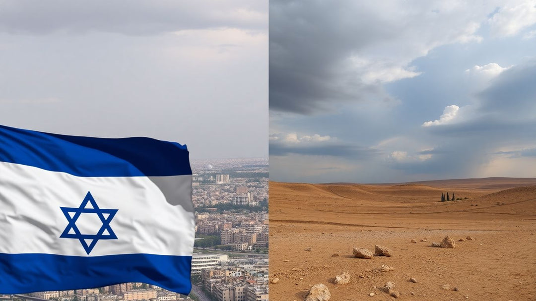 Israeli and Palestinian flags with contrasting landscapes.