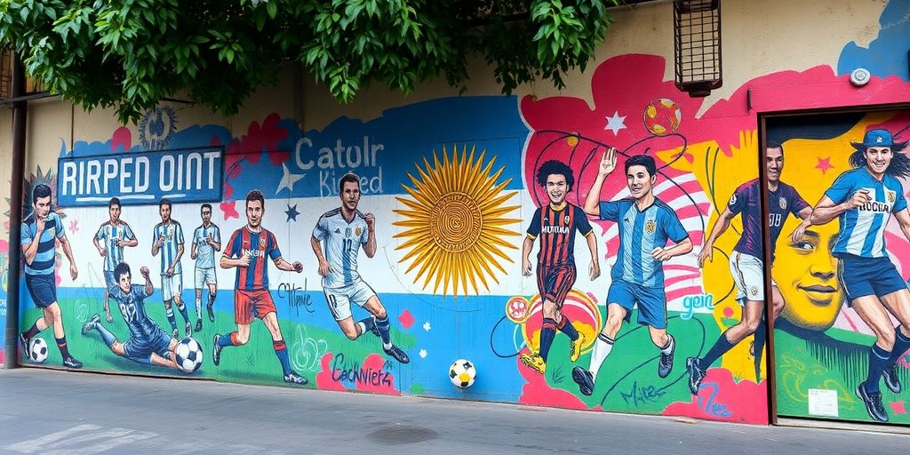 Colourful Buenos Aires street art featuring football.