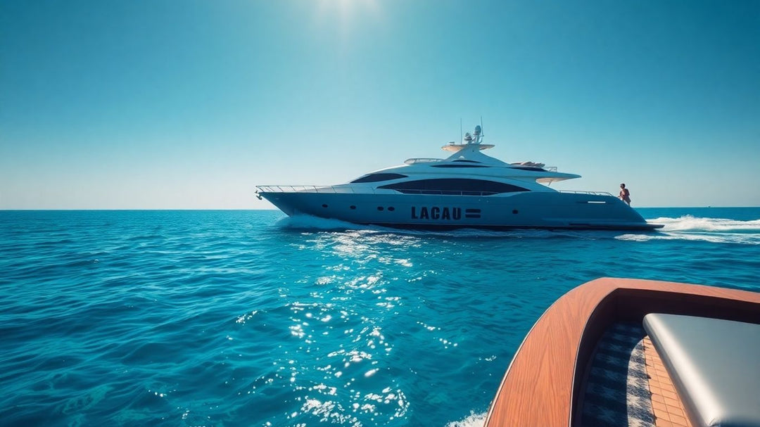 सूर्यास्त पर नीले पानी में आलीशान नौका।