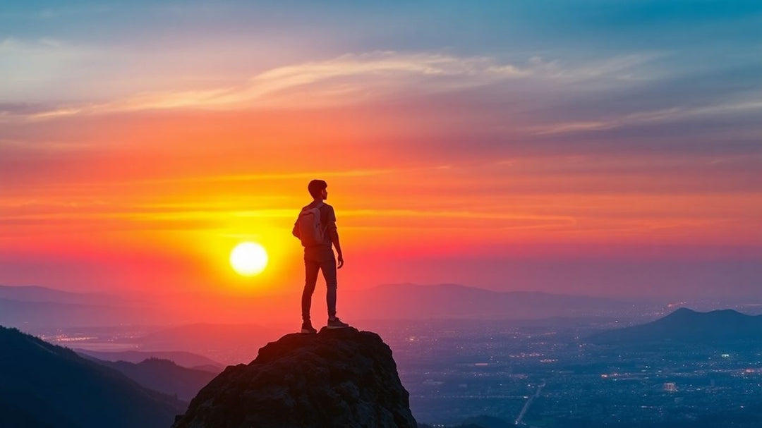 Person gazing at sunrise from mountain top in 2024