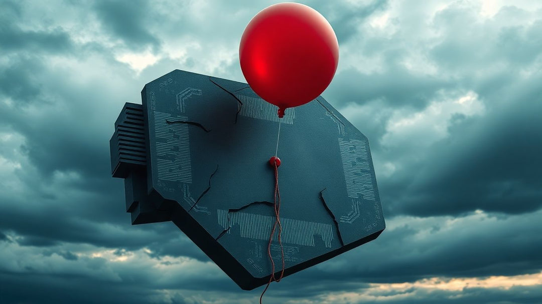 AI chip cracking with deflating balloon overhead.