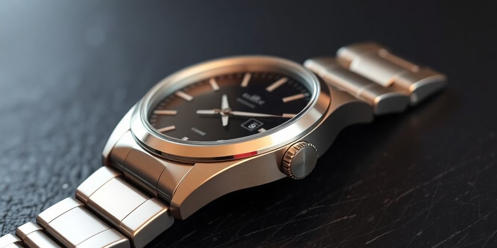 एक चमचमाती ओमेगा घड़ी की क्लोज-अप तस्वीर।