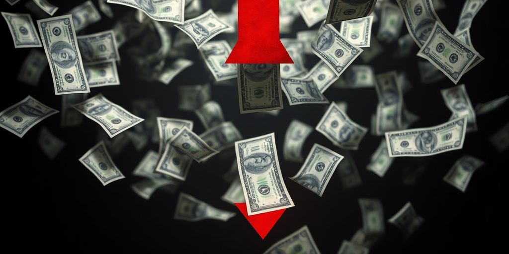 US dollar bills cascading downwards with a red downward arrow.