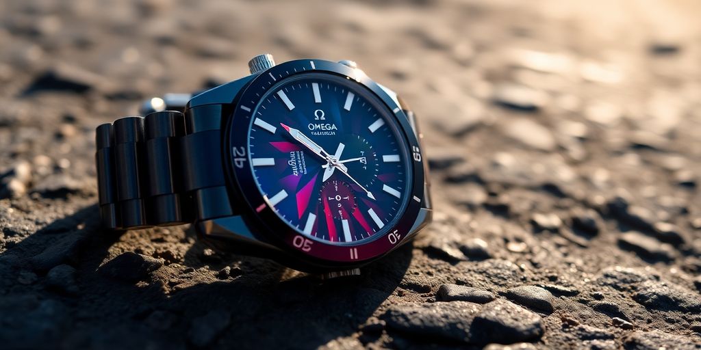 Omega MoonSwatch watch with distinctive design and vibrant colours.
