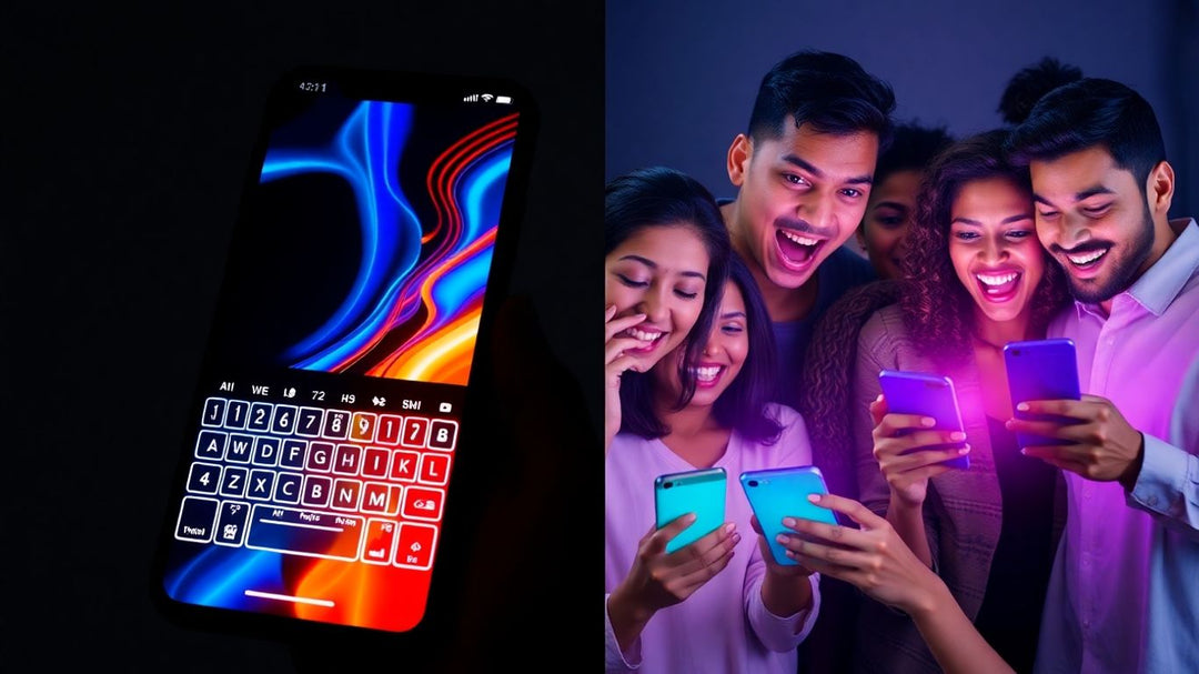 AI keyboard on phone screen with amazed users.