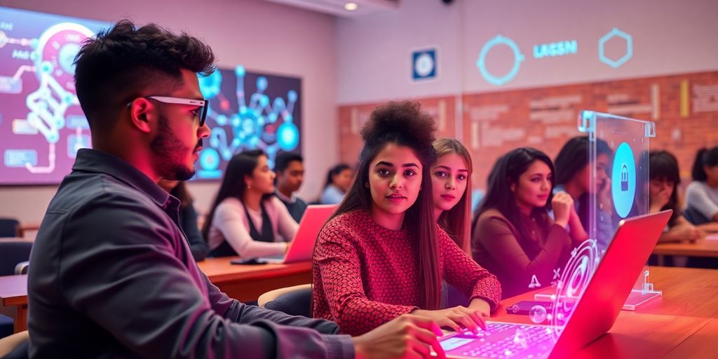 Indian students interact with advanced AI technology.