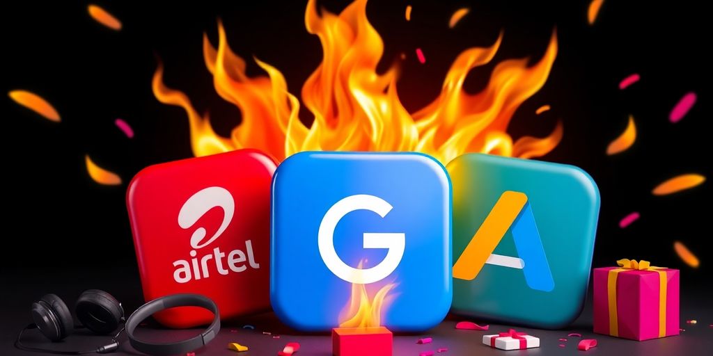 Apple, Google, and Airtel logos with vibrant discount graphics.