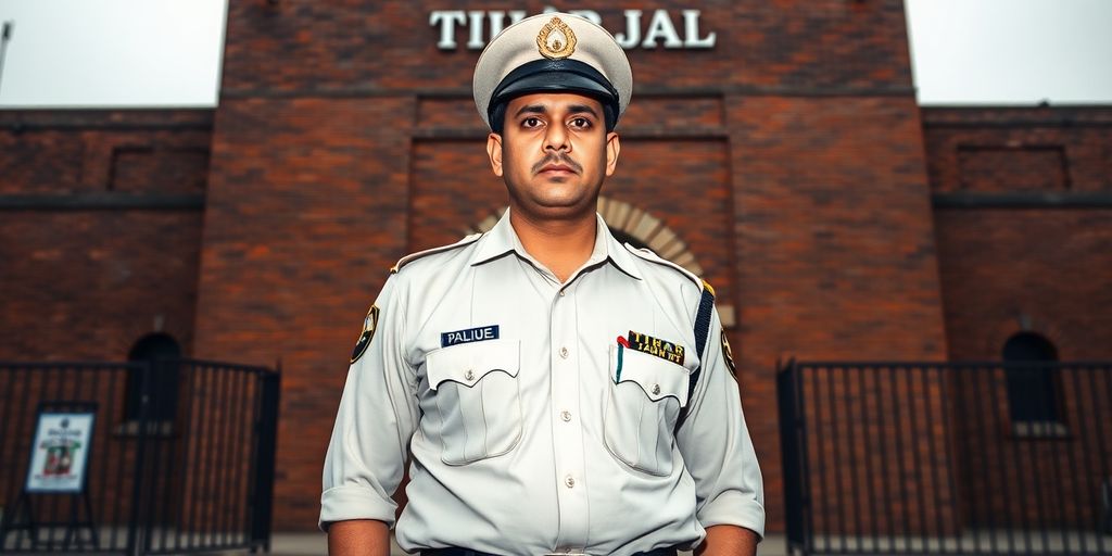 Jailer in uniform with Tihar Jail in background.