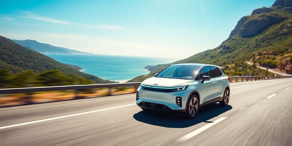 Kia Carens Clavis EV एक रमणीय सड़क पर चल रही है।