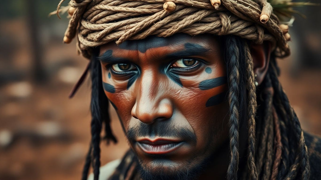 Man with painted face and headdress.
