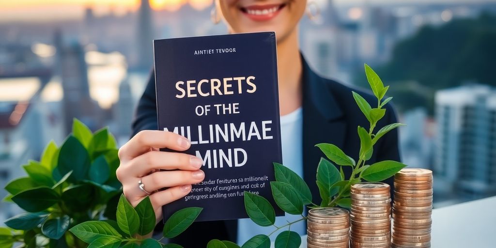 Man holding a book titled 'Secrets of the Millionaire Mind'