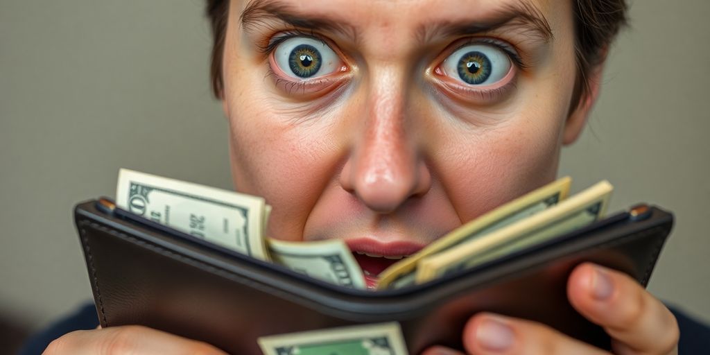Person looking surprised at overflowing wallet.