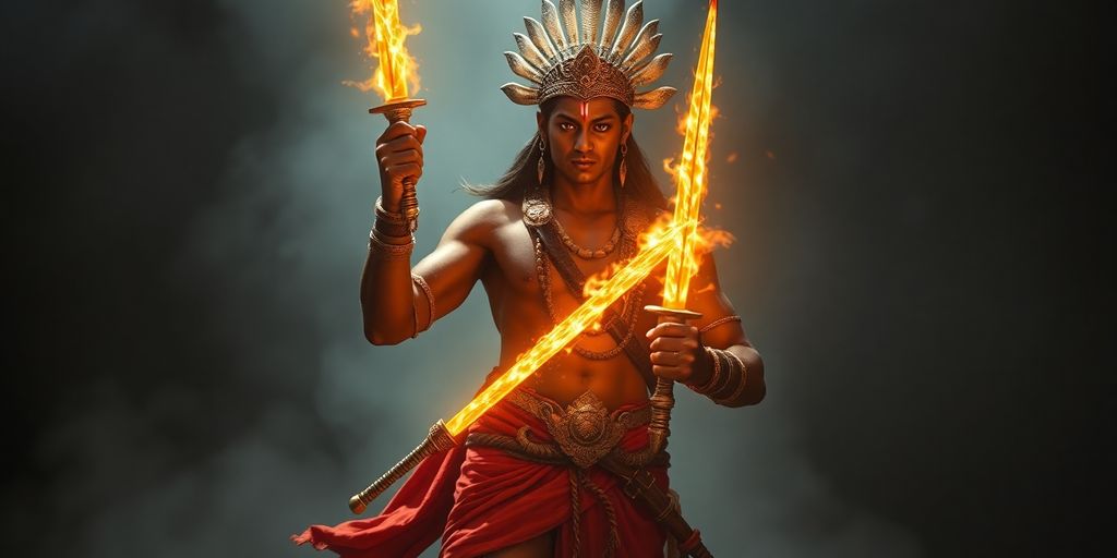 Ancient Indian warrior with glowing divine weapons.