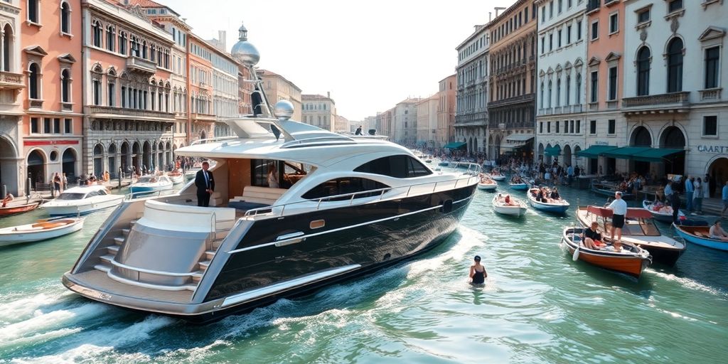 Boats, Venetian canals, elegant attire, protest