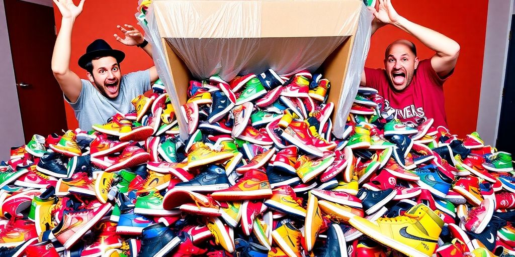 Two hands opening a large, sealed mystery box filled with sneakers.