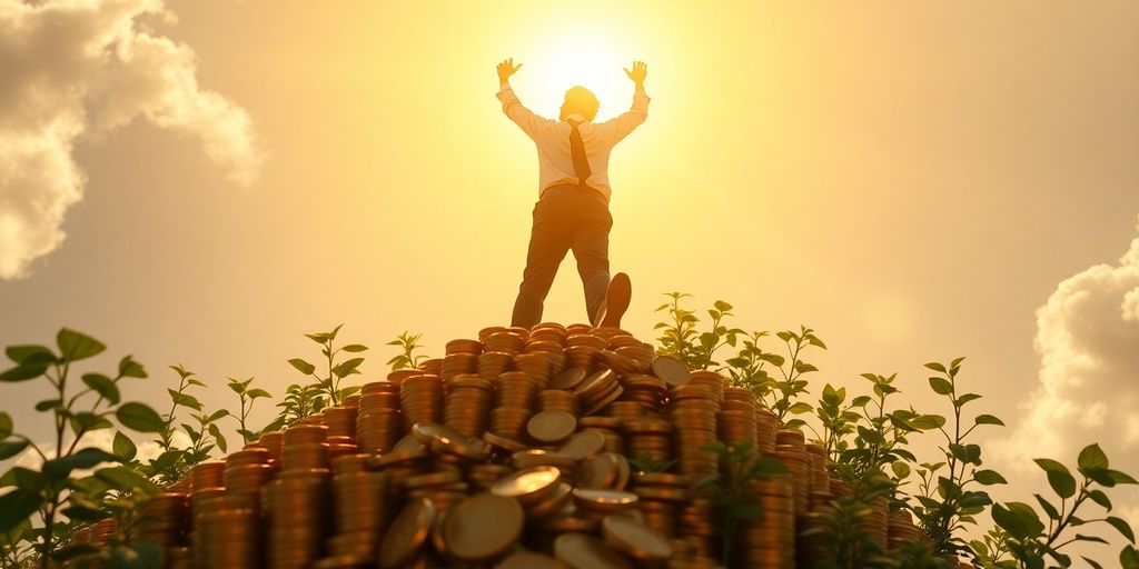 Man achieving financial success, surrounded by wealth symbols.