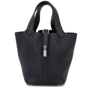 HERMÈS Picotin Lock PM handbag in Black Clemence leather with Palladium hardware
