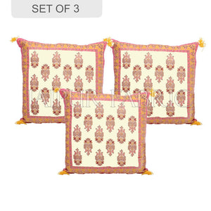 Cream Base with Orange Border Rajasthani Kalash Design Cotton Cushion Cover