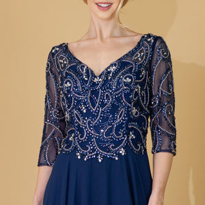 Beaded 3/4 Sleeve V-Neck Chiffon Gown by Amelia Couture 7046 - Outlet
