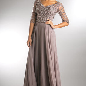 Beaded 3/4 Sleeve V-Neck Chiffon Gown by Amelia Couture 7046 - Outlet
