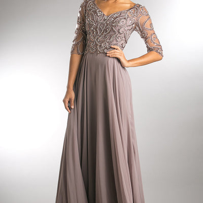 Beaded 3/4 Sleeve V-Neck Chiffon Gown by Amelia Couture 7046 - Outlet
