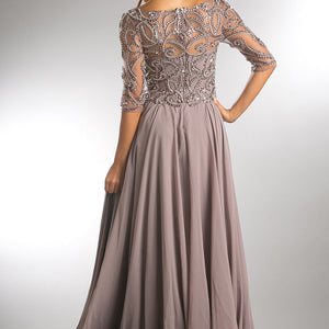 Beaded 3/4 Sleeve V-Neck Chiffon Gown by Amelia Couture 7046 - Outlet