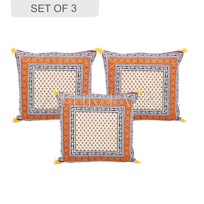 Orange Jaipuri Block Golden Print Cotton Cushion Cover
